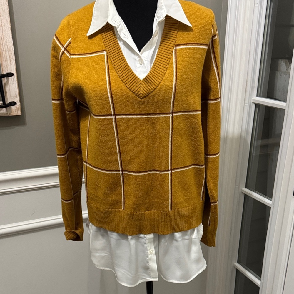 Women's Mustard Checkered Sweater Jones & Co Jones New York medium